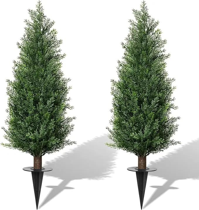 3FT Artificial Cedar Topiary Trees with Ground Spike, Set of 2 UV Resistant Fake Evergreen Bushes Shrubs Trees Artificial Plants Realistic Faux Cypress Plants for Indoor Outdoor Front Porch Garden by GreenHaven Gardens