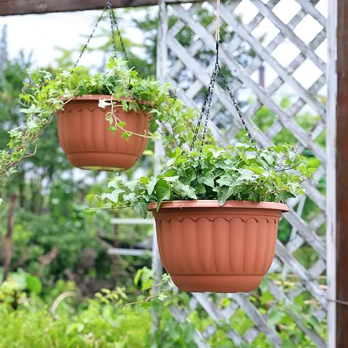 YIKUSH Hanging Planter for Indoor and Outdoor Plants 2 Pack 12 inch Flower Pot Plastic Plant Pot with Drainage Hole and Absorbing Tray（Terracotta） by GreenHaven Gardens