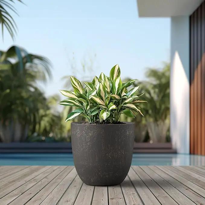 Kante 18 Inch Dia Round Concrete Planter, Indoor Outdoor Large Plant Pot with Drainage Hole and Rubber Plug for Home Patio Garden, Oil Rubbed Bronze by GreenHaven Gardens