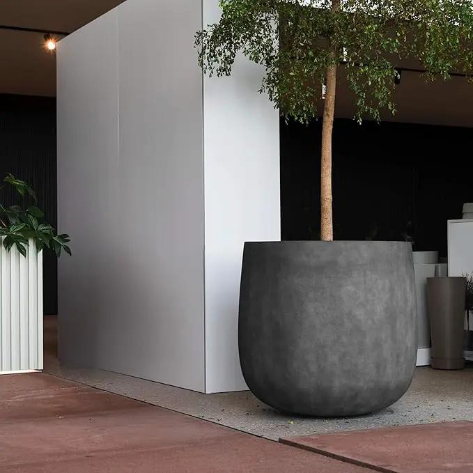 Mondo Large Planter – Grey Stone Finish – Fiberglass Indoor/Outdoor and Weather-Resistant Round Planter (26" D x 24.6" H Exterior, 24.6" D x 24" H Interior) by GreenHaven Gardens