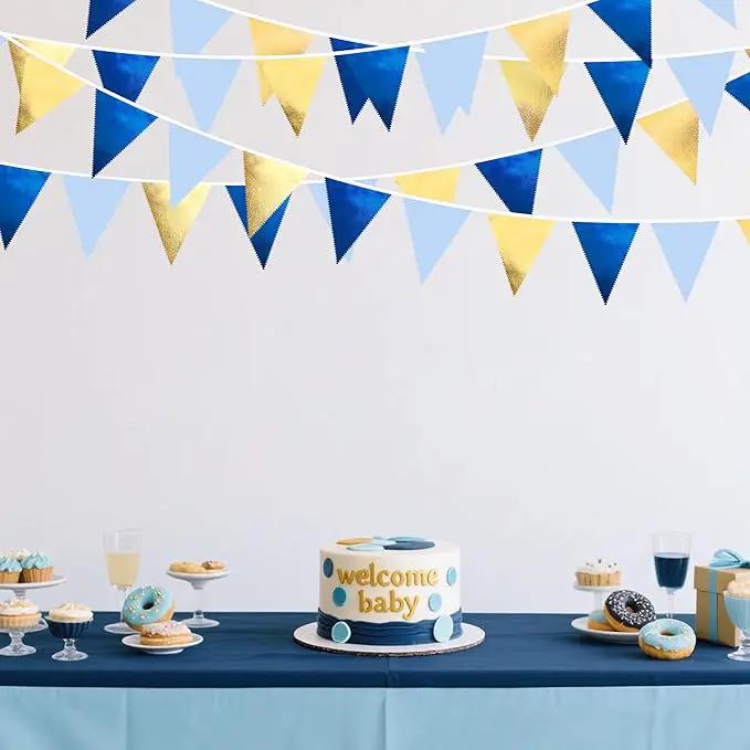 Gold Blue Party Decoration Gradient Blue and Gold Triangle Pennant Banner Flag Metallic Fabric Bunting Garland for Nautical Ahoy Achor Birthday Graduation Retirement Wedding Baby Shower Party Supplies by GreenHaven Gardens