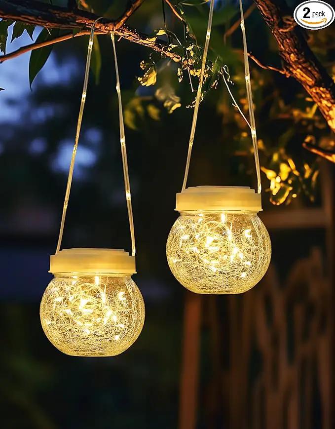 Solar Lantern Solar Lights Outdoor Waterproof 2-Pack, Solar Powered Hanging Lights Cracked Glass Hanging Globes for Christmas Decoration, Shepherd Hook, Garden Tree Ornaments, White Cap, Warm White by GreenHaven Gardens