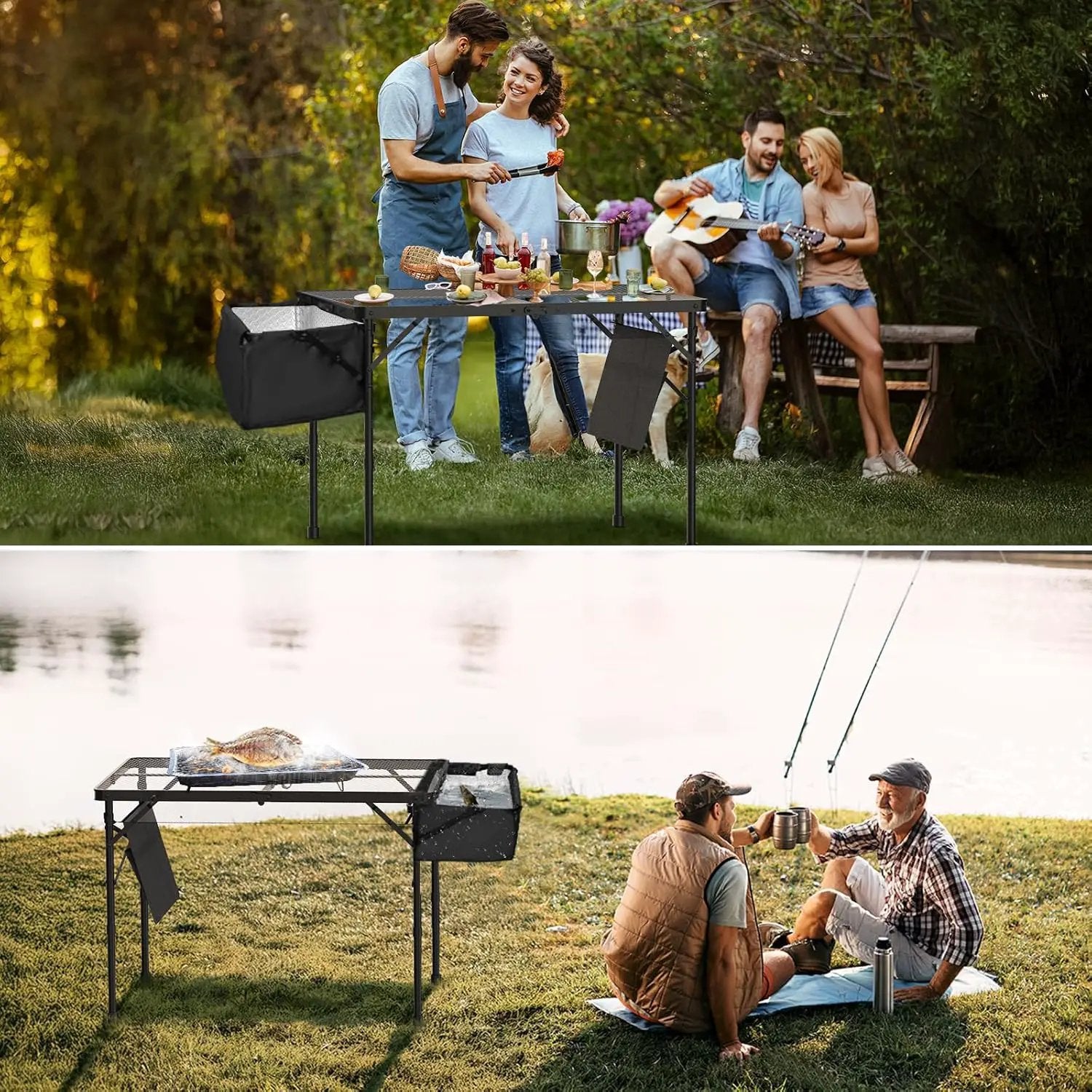 Portable Folding Grill Table with Sink for Outdoor, Lightweight Aluminum Frame Folding Grill Stand Picnic Table Camping Cooking BBQ, RV Picnic,2 Heights Adjustable(Black) by GreenHaven Gardens
