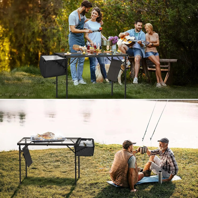Portable Folding Grill Table with Sink for Outdoor, Lightweight Aluminum Frame Folding Grill Stand Picnic Table Camping Cooking BBQ, RV Picnic,2 Heights Adjustable(Black) by GreenHaven Gardens