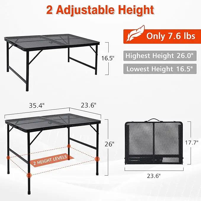 Folding Grill Table, 3x2 FT Portable Camping Table, Height Adjustable Metal Tables with Mesh Desktop and Mesh Bag, Outdoor Furniture for Camping, Picnic, Beach and BBQ, Black by GreenHaven Gardens