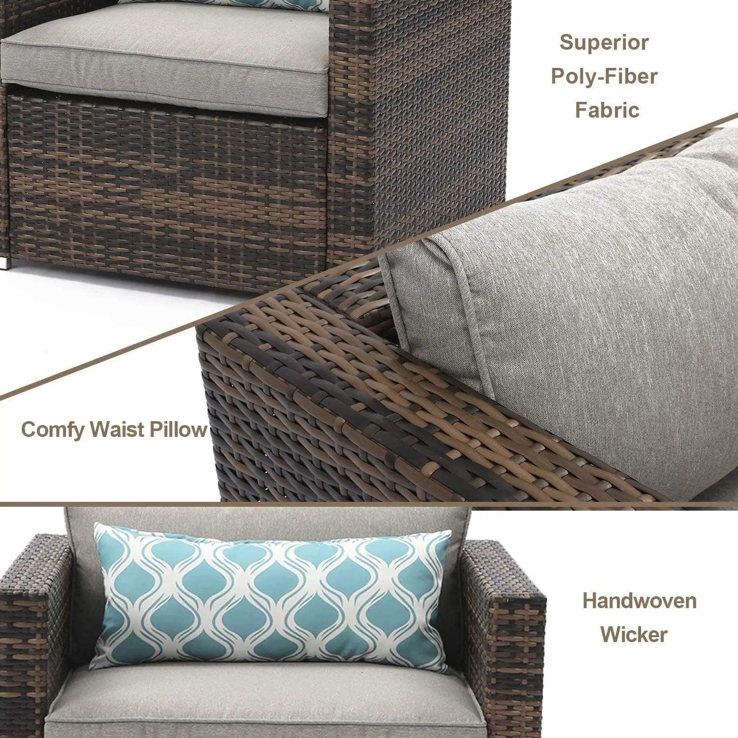 COSIEST 5-Piece Faux Brown Propane Fire Pit Outdoor Furniture Brown Chairs, Warm Gray Wicker Thick Cushion Sofa w 32-inch Square Propane Fire Table (50,000 BTU) for Garden, Pool, Backyard by GreenHaven Gardens
