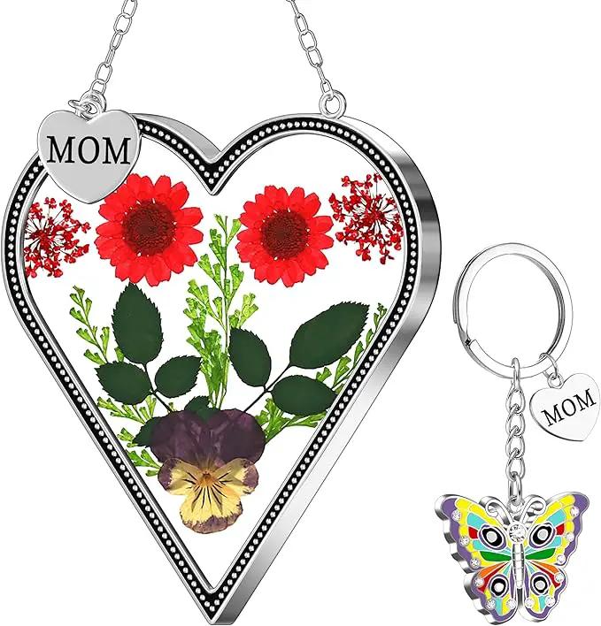 KY&BOSAM Heart Suncatcher Mom Gifts Glass Butterfly Suncatchers for Window Hanging with Pressed Flower Between Heart in Glass and Metal Charm Gifts for Mom Mother's Day Valentine's Birthday Christmas by GreenHaven Gardens