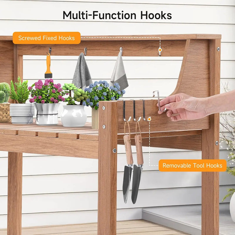 HDPS Potting Bench, All Weather Potting Table with 8 Hooks and Highten Tabletop, Easy Assembly Garden Work Bench, Outdoor Potting Benches for Outside Patio Lawn, 360LBS Capacity, Teak by GreenHaven Gardens