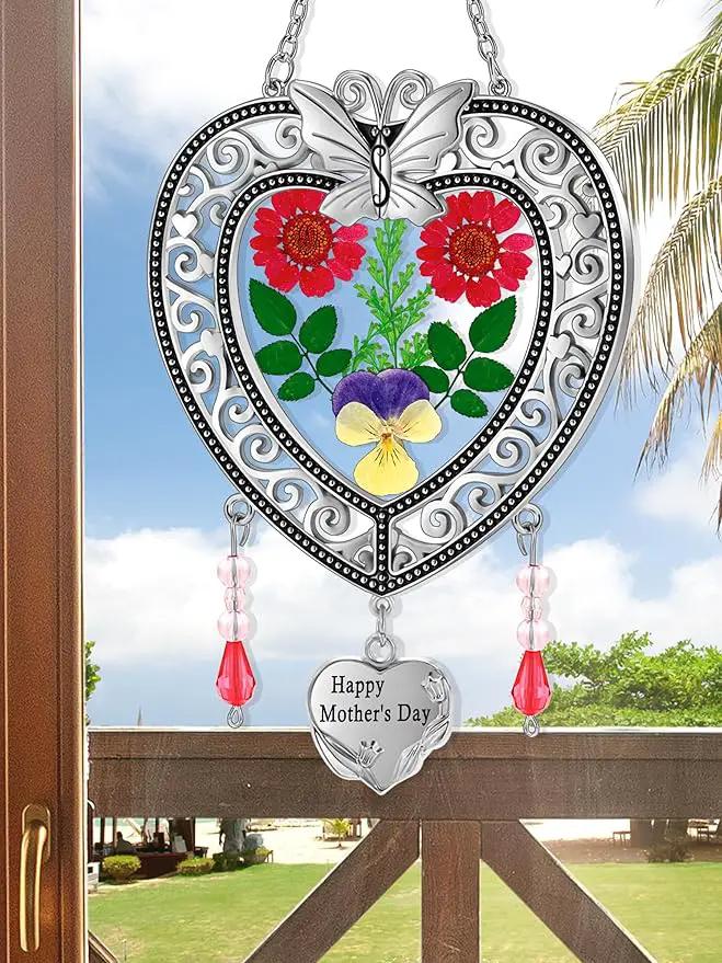 KY&BOSAM Suncatcher Happy Mother’s Day Stained Glass Tree of Life Heart Gifts Garden Ornament Wind Chimes for Windows Pressed Flower Between Heart in Glass Metal Engraved Charm as by GreenHaven Gardens