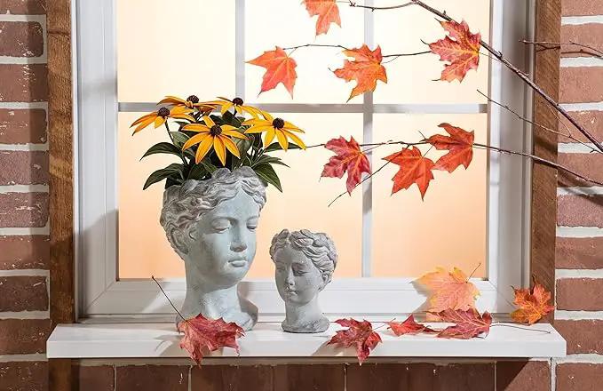 Abbott Collection Goddess Head Planter - Small Cement Indoor and Outdoor Planter Pot - Grecian Woman Statue Head Planter for Flowers and Succulents (Grey, 3.5" Opening) by GreenHaven Gardens