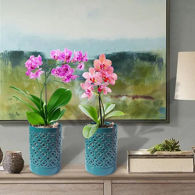 Orchid Pot 4 Inch, Orchid Pots with Holes & Saucers for Repotting, Breathable Slotted Orchid Pots Flower Plant Pot Green by GreenHaven Gardens
