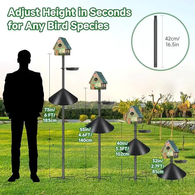 Smart Bird Feeder Pole with Squirrel Baffle & Bath-Heavy Duty Adjustable 3-6.6ft Universal Stand Mount for Backyard&Outdoor Bird Houses/Cameras (80'Pole-Baffle-Bath) by GreenHaven Gardens