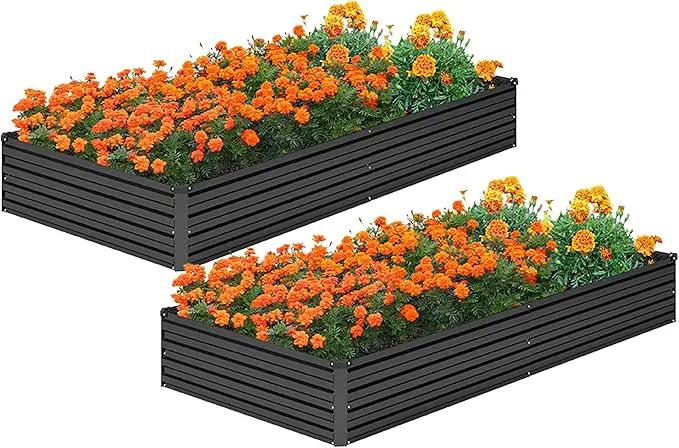 MGNO 2pcs 8x4x1FT Galvanized Raised Garden Bed-Outdoor Planter Box for Vegetables-Metal Garden Bed,Rectangle Planting Box for Herb,Flower,Black by GreenHaven Gardens