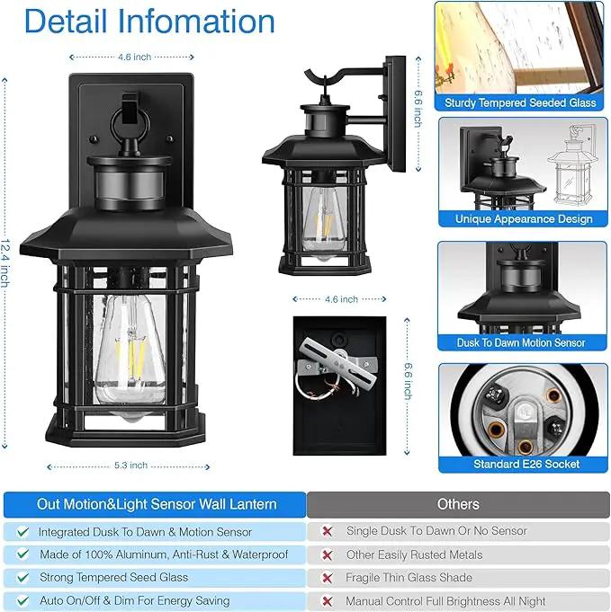 Outdoor Light Fixture With Motion Sensor, Dusk To Dawn Modern Exterior Porch Lights Wall Mount, Anti-rust 100% Aluminum Outdoor Wall Lantern, Black Farmhouse outdoor wall light For Garage Backyard by GreenHaven Gardens