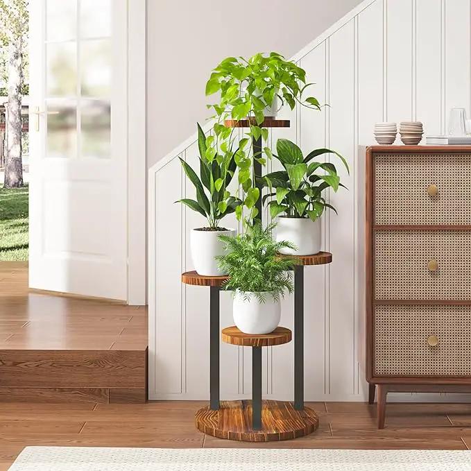 Bamworld 4 Tier Plant Stand Indoor Small Plant Shelf Outdoor Metal Tall Flower Holder Table Support Rack Garden Accessories for Plant Lovers(Brown) by GreenHaven Gardens