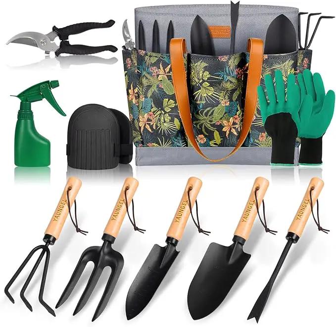 YAUNGEL Garden Tools - 10Pcs Garden Tool Set Heavy Duty Stainless Steel Gardening Supplies Hand Tools with Wooden Handle, Storage Tote Bag, Ideal Gardening Gifts for Women and Men, Black by GreenHaven Gardens