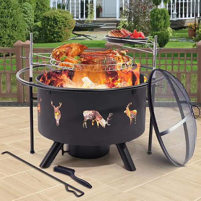 NATURAL EXPRESSIONS 32 Inch Large Fire Pit with 2 Grills, Outdoor Wood Burning Fire Pit with Cooking Grate, Lid, Poker and Round Waterproof Cover for Patio, Ourside, Bonfires, Picnic, Party. by GreenHaven Gardens