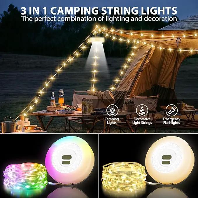 Camping String Lights, 4 in 1 Quick Storage Camping Essentials Gear 32.8FT Rechargeable Tent Lights with 9 Modes Hanging Waterproof LED Camp Lamp for Camping Hiking Patio Garden Festival -Warm +RGB by GreenHaven Gardens