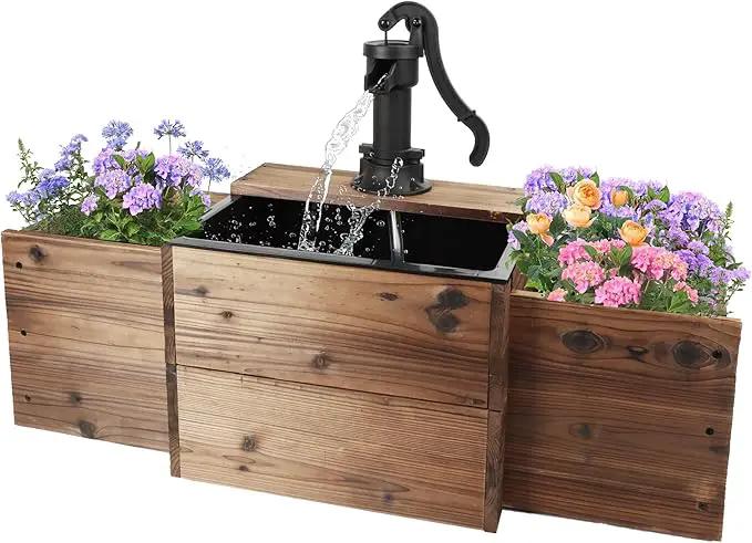 Outdoor Water Fountain,Floor Wooden Rectangular Pump Old-Fashioned Fountain with Flower Box,Electric Decorative Hand Pump, Outdoor Water Feature for Garden Patio Backyard by GreenHaven Gardens