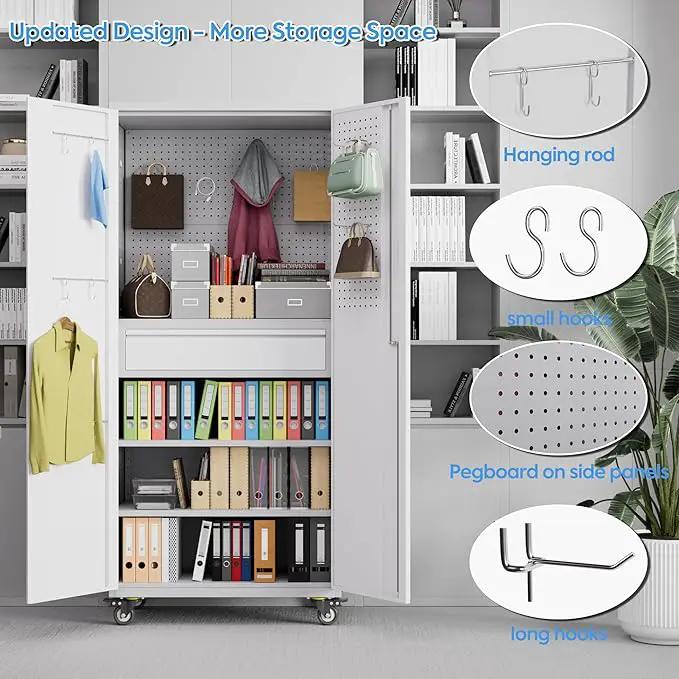 Garage Storage Cabinet with Locking Doors and 2 Adjustable Shelves, 71" H Metal Rolling Tool Storage Cabinet with Wheels, Drawer, Pegboard and 16 Hooks for Garage, Warehouse, White and Gray by GreenHaven Gardens