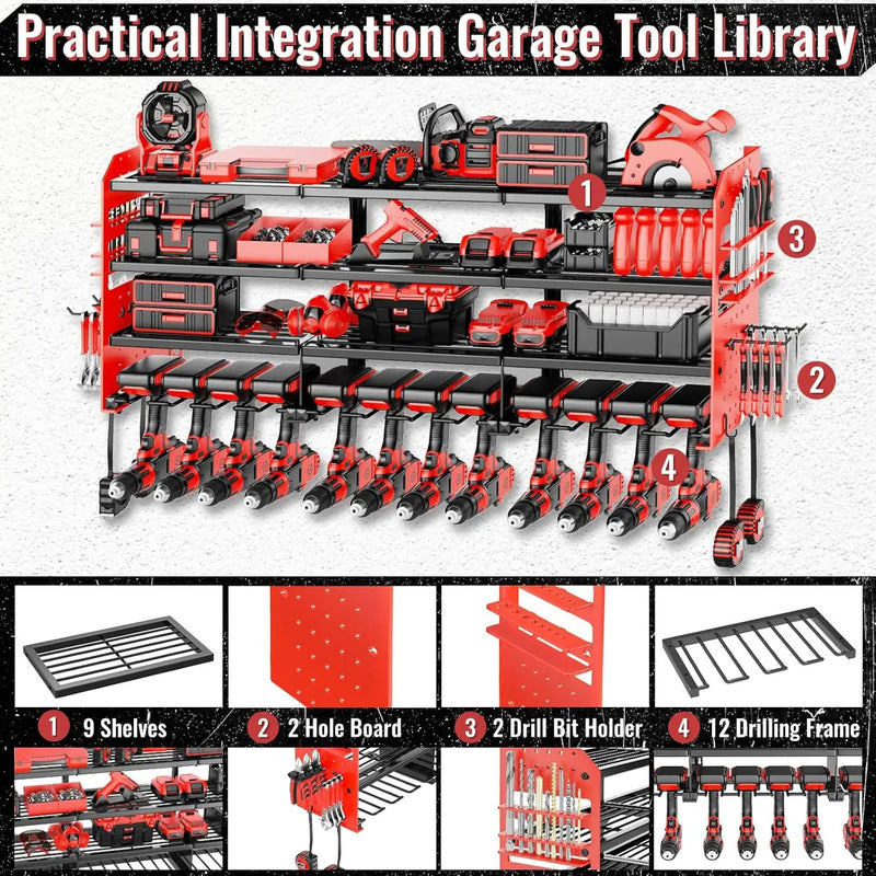 Large Power Tool Organizer Wall Mount-12 Drill Holder, Metal Heavy Duty Garage Tool Storage Shelves with Screwdriver Plier Holder, Gifts Idea for Men Dad Husband by GreenHaven Gardens