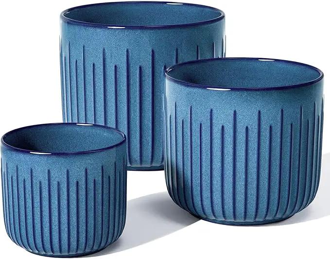 LE TAUCI Fluted Ceramic Planters Set of 3 – 8.3/7 / 5.7 in Ocean Blue Reactive Cylinder Indoor Plant Pots with Drainage Plug & Mesh, Glossy Stoneware Flower Pots for Succulents Herbs by GreenHaven Gardens