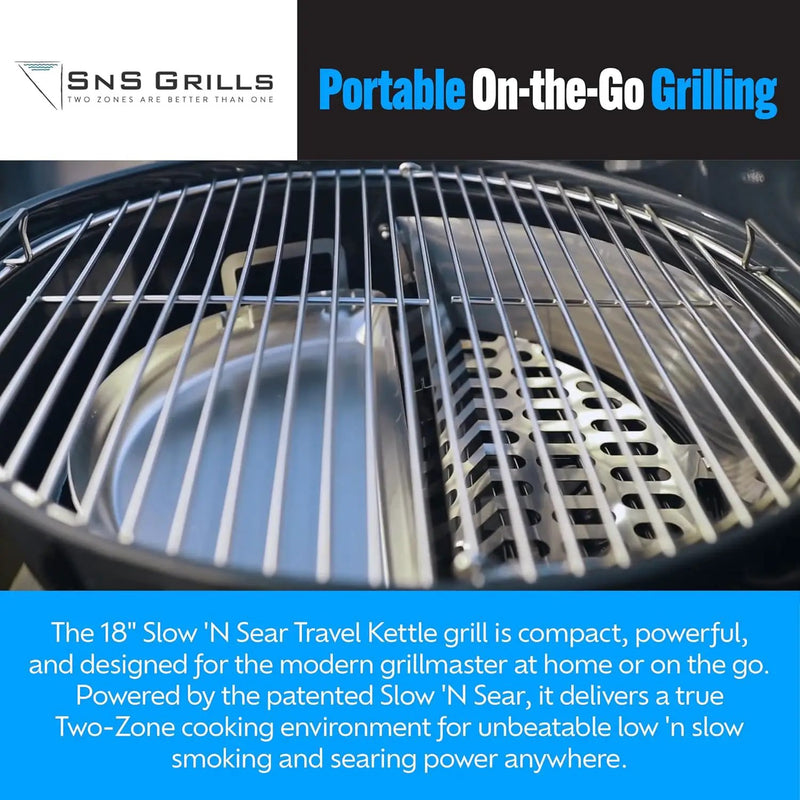 SnS Grills Slow ‘N Sear Travel Kettle, 2-Zone Cook Charcoal Basket and Easy Spin 18” Grate - Portable Charcoal Grill for BBQ Cooking - Travel Kettle 18” by GreenHaven Gardens