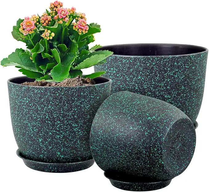 Large Flower Pots 12/10/9 inch, Set of 3 Decorative Plastic Planters with Drainage Holes and Saucers for Garden House Plants, Plant Pots for Indoor Outdoor Plants, Black with Green Speckles by GreenHaven Gardens