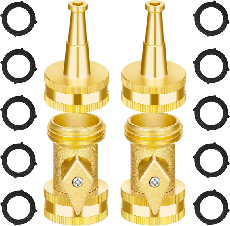 AUTOMAN Brass Hose Nozzle - High Pressure Jet Nozzle 4 Count (2 Set), Heavy Duty Water Hose Sprayer Sweeper with Hose Shutoff Valve, 3/4” GHT Nozzles for Garden Hose, Car Wash, Extra 10 Rubber Washers by GreenHaven Gardens