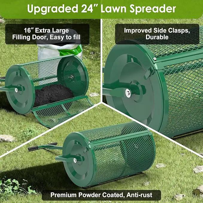 Seeutek Compost Spreader - 24" Peat Moss Spreader with 3 Heights, Top Soil Spreader W/Upgraded Side Latches Support Rod Powder Coated Metal Mesh Top Dressing Spreader for Lawn, 2 Way Uses-Push or Tow by GreenHaven Gardens