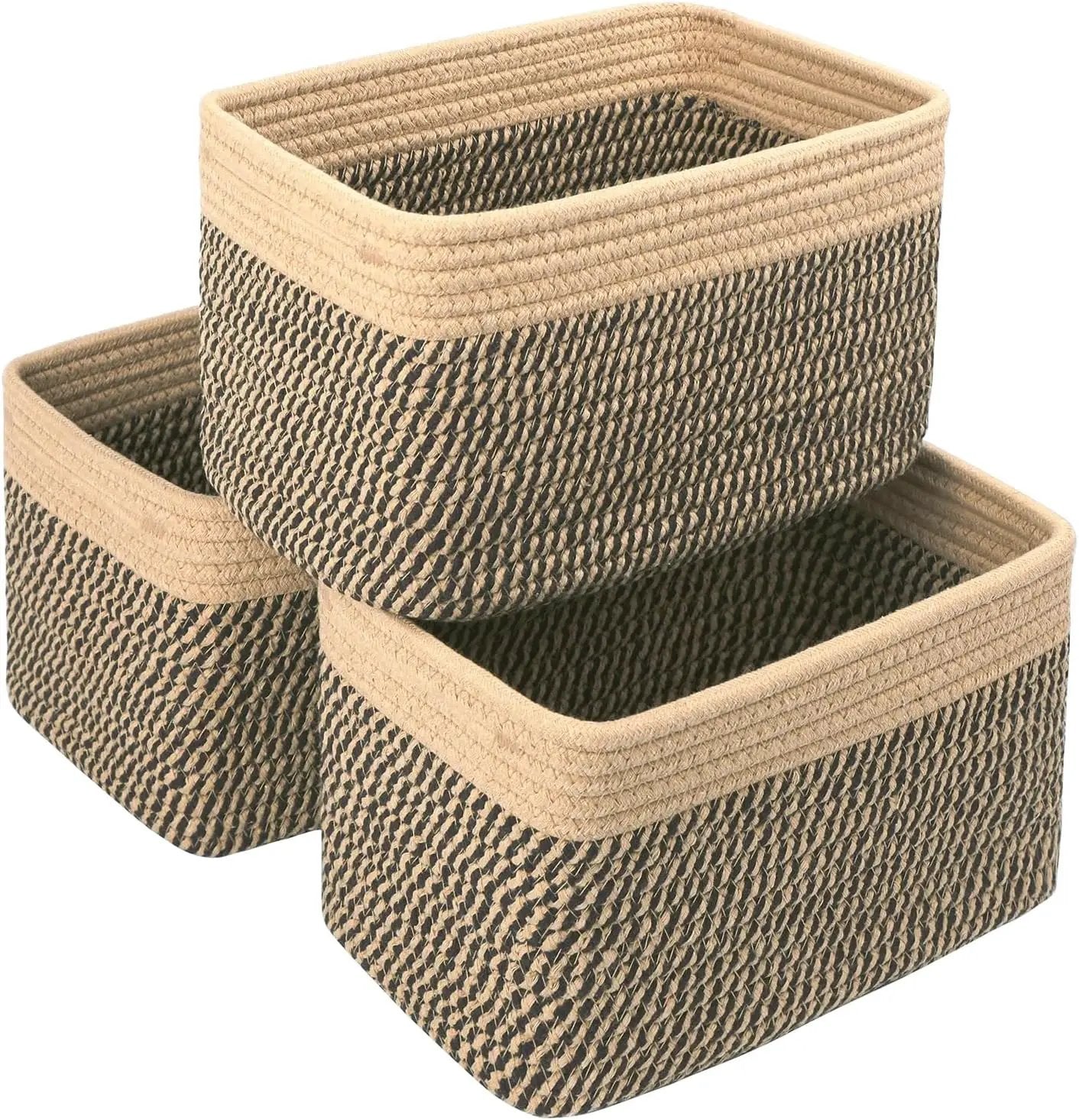 Small Cotton Rope Basket – Storage Bin for Organizing (10.6" x 6.7" x 6.7"), Bathroom Storage Basket for Shelf, Counter & Closet（Camel & Mixed Black） by GreenHaven Gardens