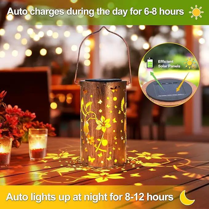 2 Pack Hummingbird Solar Lanterns Outdoor Hanging Lantern Lights, Hollowed-Out Metal Decor Lantern by GreenHaven Gardens