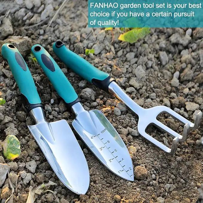 FANHAO Garden Tools Set, 3 Piece Heavy Duty Gardening Tools Cast Aluminum with Soft Rubberized Non-Slip Handle, Durable Garden Hand Tools Garden Gifts for Men Women by GreenHaven Gardens