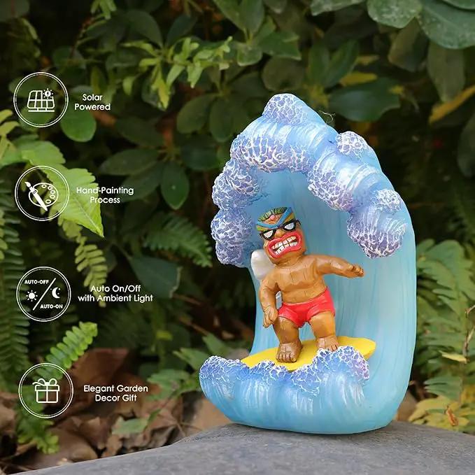 Solar Tiki Statue Decor-Garden Statue Outdoor Ornaments - Tiki Man Surfing Waterproof Decoration Figurine for Tiki Bar,Patio,Balcony,Yard,Lawn,Table by GreenHaven Gardens