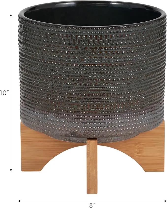 Sagebook Home 8" Ceramic Planter on Bamboo Wood Stand - Green Plant Stand with Contemporary Dotted Design - Indoor or Outdoor Plants and Succulents by GreenHaven Gardens