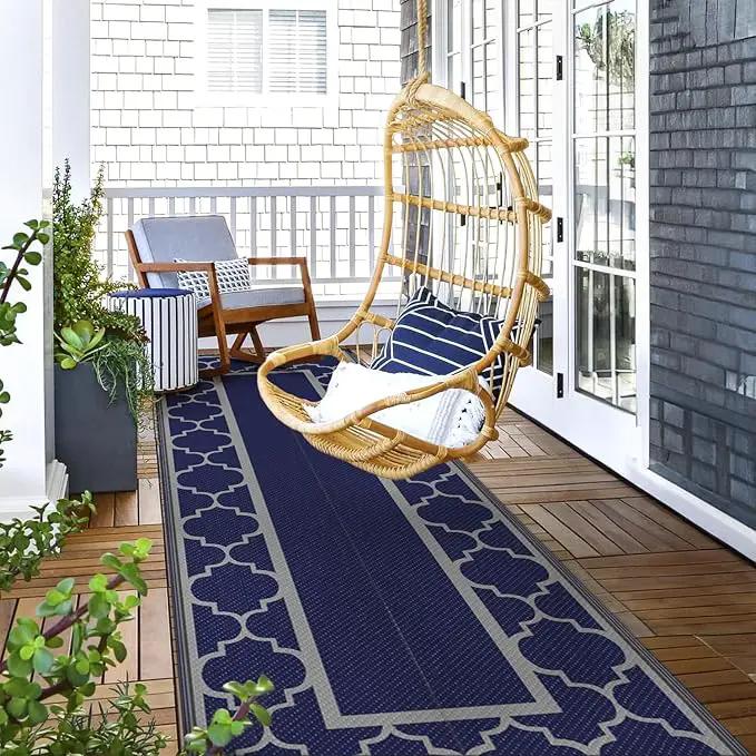 GENIMO 2.5 ' x 8 ' Outdoor Rug for Porch Patio Clearance, Waterproof Indoor Outdoor Plastic Straw Rugs Carpet, Reversible Outside Area Rv Mat for Camping, Balcony, Deck, Picnic, Beach (Blue & Gray) by GreenHaven Gardens