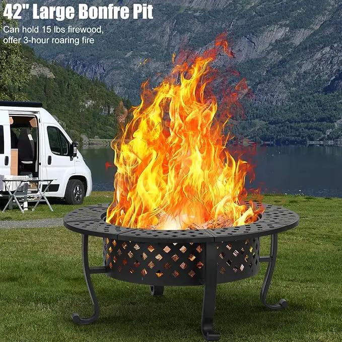 42 Inch Fire Pit with 2 BBQ Grills, Wood Burning Fire Pits for Outside with Lid & Fire Poker, BBQ& Outdoor Firepit & Round Metal Table 3 in 1 for Patio, Picnic, Party by GreenHaven Gardens