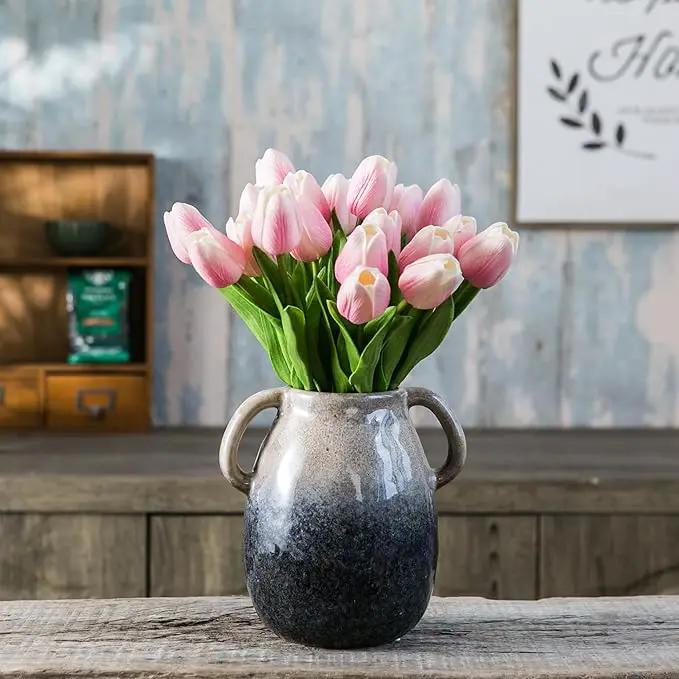 Brown Gradient Ceramic Vase with 2 Handles, Modern Farmhouse Decor, Rustic Terracotta Pottery, Decorative Flower Vases, Clay Small Vase, Centerpiece for Dining Table - 7 Inch Tall by GreenHaven Gardens