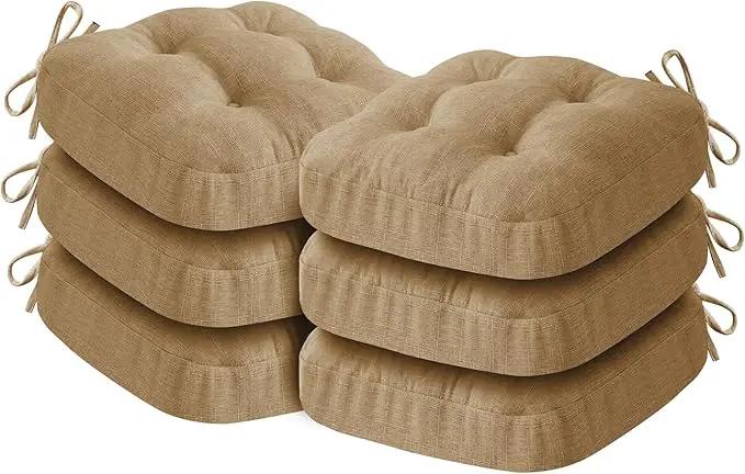 Chair Cushions for Dining Chairs, Dining Chair Cushions, Tufted Indoor Chair Pads with Ties & Non Slip Backing, Seat Cushions for Kitchen Chairs 16.5” x 16.5” x 3.5”, Set of 6, Khaki by GreenHaven Gardens