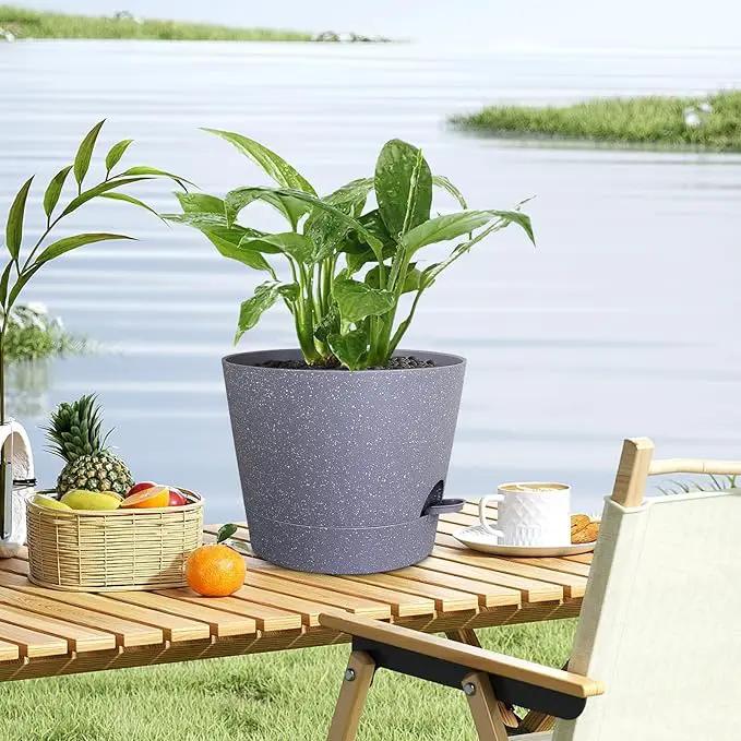 12 inch Large Self Watering Pots for Indoor Outdoor Plants, Plant Pots with Mesh Drainage Holes for Garden House Plants, Plastic Planters with Reservoir for Flower, Speckled Grey by GreenHaven Gardens