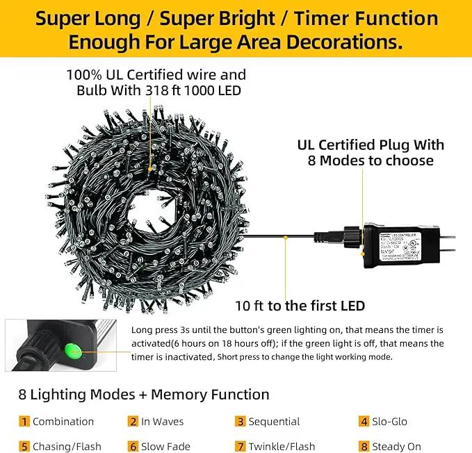 1000 LED 328ft 8 Modes with Timer Christmas String Lights IP55 Outdoor Waterproof UL Certificated Indoor Fairy Lights Garden Patio Wedding Christma Trees Parties Decoration White Light by GreenHaven Gardens