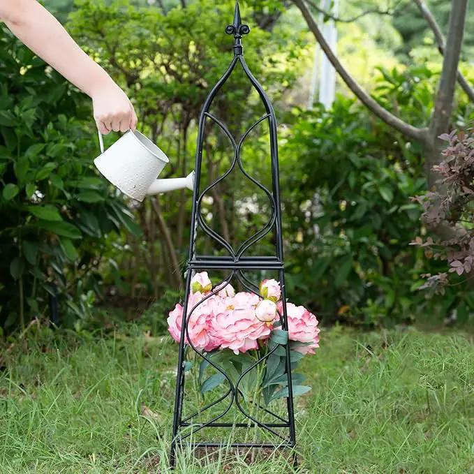 Obelisk Trellis for Garden - 38.3" x 10.03" Durable Metal Climbing Support for Roses, Vines & Flowers | Elegant Black Design with Decorative Top & Hollow Sides by GreenHaven Gardens