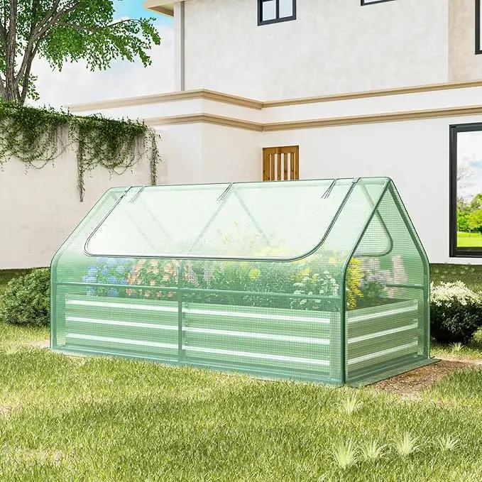 SAFSTAR Raised Garden Bed with Cover, 6FT x 3FT x 3FT Galvanized Bottomless Garden Bed with Greenhouse, Dual 2-Tier Roll-Up Windows, Outdoor Metal Planter Box Kit with Cover (Green) by GreenHaven Gardens