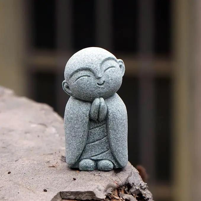 OwMell Japanese Jizo Monk Statue Praying, Buddha Jizo Statue Figurine Memorial Statue Aquarium Decoration for Garden Outdoor Ornament 2.6" - Tilting Head by GreenHaven Gardens