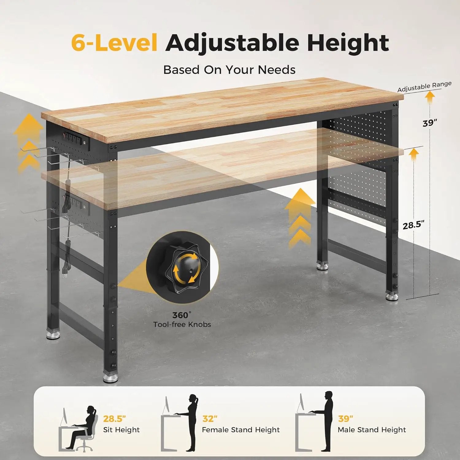 60" Adjustable Heavy Duty Workbench, 2000 LBS Load Capacity Rubber Wood Work Table with Pegboard, Power Outlets, Work Bench for Garage, Workshop, Office, Home, Commercial by GreenHaven Gardens
