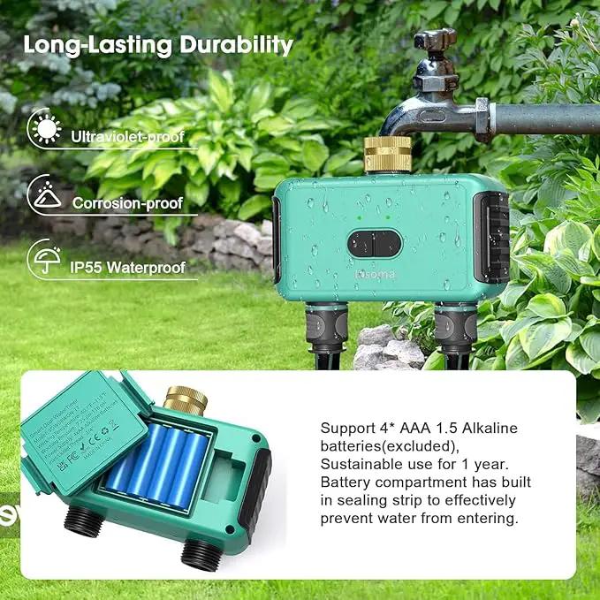 Smart Hose Watering Timer with Wi-Fi Hub, Automate Water & Sprinkler Schedules for Lawn, Garden, & Yard Care, Compatible with Alexa Green-Brass Inlet & Plastics Outlet (2-Outlet) by GreenHaven Gardens