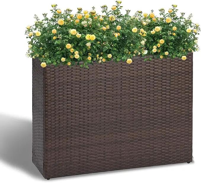 LEWIS&WAYNE Large Rectangular Block Planter Box Handmade Wicker Tall Planters for Outdoor Plants with Removable Liners Modern Planter for Indoor Outdoor Patio Deck - Brown, 38''x11''x30'' by GreenHaven Gardens