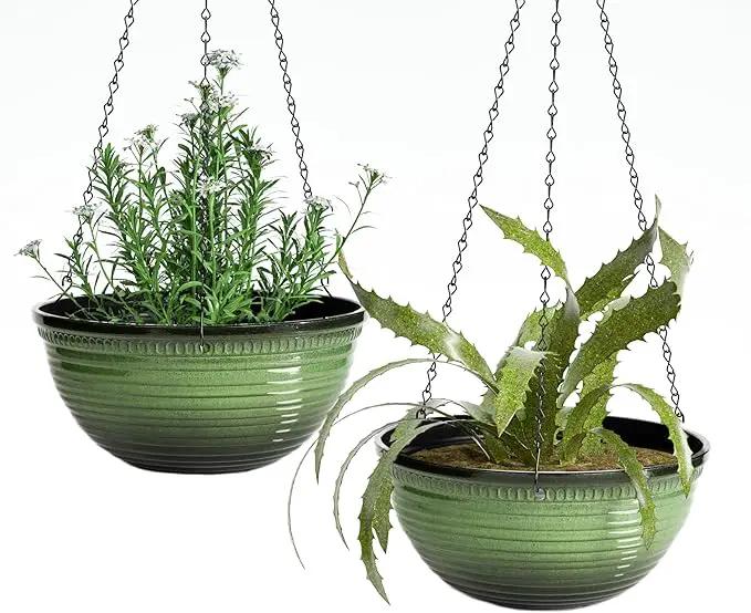 12 inch Hanging Planters for Indoor Outdoor Plants, 2 Pack Large Hanging Flower Pots with Drainage Holes and Chain, Glazed Hanging Baskets for Home Garden Decoration, Green by GreenHaven Gardens