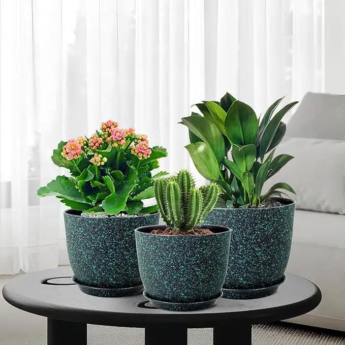 Plant Pots 10/9/8 inch, Set of 3 Modern Decorative Plastic Planters with Drainage Holes and Saucers for Garden House Plants, Flower Pots for Indoor Outdoor Plants, Black with Green Speckles by GreenHaven Gardens