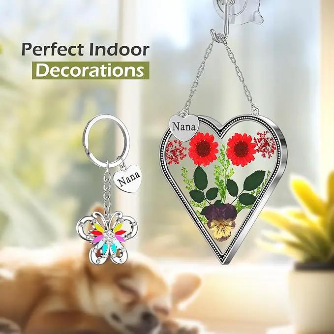 KY&BOSAM Heart Suncatcher Nana Gift for Nana Stain Glass Wind Chime for Window Pressed Flower Between Heart Glass Metal Engraved Charm Gift for Mother's Day Valentine's Birthday Thanksgiving Christmas by GreenHaven Gardens